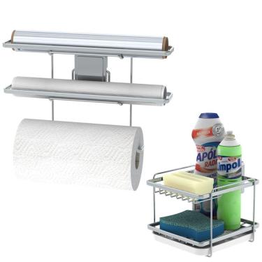 Imagem de Kit Porta Detergente Sabão Esponja Adesivo Suporte Rolo Papel Toalha Pvc Alumínio Cromado - Future