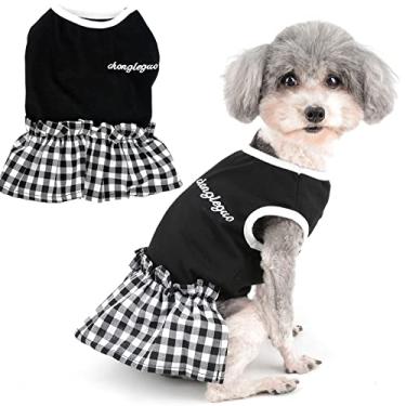 Imagem de Zunea Vestidos xadrez para cães pequenos filhotes bordados meninas vestido de princesa bonito colete de verão saia macia roupas femininas para animais de estimação cachorro chihuahua yorkie vestuário