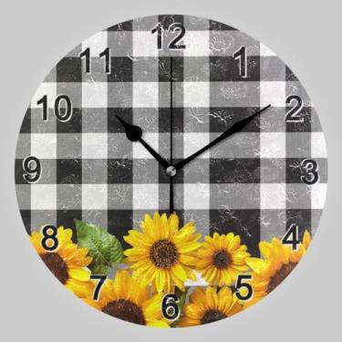 Imagem de CHIFIGNO Girassol em preto e branco treliça relógio redondo, relógios de parede decorativos operado por bateria relógio de parede criativo moderno para sala de estar