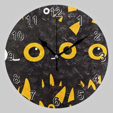 Imagem de CHIFIGNO Relógios de parede redondos brancos com olhos amarelos de gato preto, sem tique-taque, relógio de parede silencioso 10 relógio de parede redondo decoração de parede para cozinha, sala de