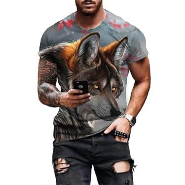 Imagem de Camisetas masculinas com estampa de lobo legal 3D de verão, moda casual, estampa animal, hip hop, camiseta estampada, Azul marinho, GG
