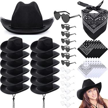 Imagem de 36 peças chapéu de cowboy adulto com bandana coração óculos de sol unissex chapéu de cowboy de feltro masculino feminino chapéu de festa ocidental chapéu de cowboy fantasia de cowboy, Preto, branco.,