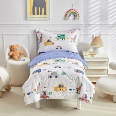 Imagem de DuShow Jogo de cama infantil de algodão para meninos, 4 peças, macio, respirável, reversível, inclui edredom acolchoado, lençol de cima, lençol com elástico, estampa de carro, conjunto de cama de