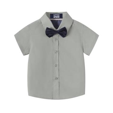 Imagem de LittleSpring Camisa social de manga curta com botão e gravata borboleta para meninos, Cinza, 7-8