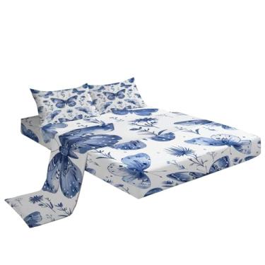 Imagem de Eojctoy Jogo de lençol branco ultramacio, 4 peças de lençol e fronhas com tema de borboleta azul aquarela, fácil de cuidar com lençol king size de 40,6 cm de profundidade, confortável, respirável e