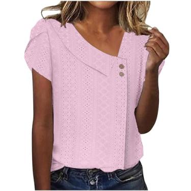 Imagem de Camiseta feminina de manga curta com ilhós, blusas de cor sólida, gola V, botão, túnica, camisa de férias de verão, rosa, M