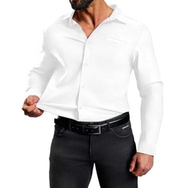 Imagem de Camisa social masculina elástica slim fit manga longa casual abotoada com bolso, Branco, P