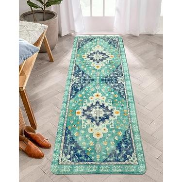 Imagem de Uphome Boho Retro Corredor Corredor Tapete Verde Antiderrapante Macio Tapetes de Banheiro Oriental Persa Lavável à Máquina Tapete de Corredor Tribal Tradicional para Quarto de Crianças Entrada de Quarto 61 x 180 cm