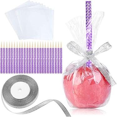 Imagem de Kit de 24 palitos e sacos de maçã de doces brilhantes, espetos de madeira de maçã caramelo, palitos decorativos de bambu para arroz Krispie petiscos, bolos, cachorros-quentes com envoltório de vidro,