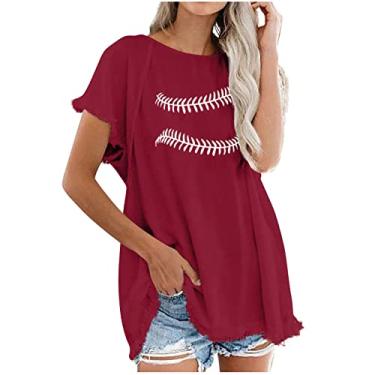Imagem de Duobla Camiseta feminina com estampa de beisebol com letras plus size de beisebol tamanho grande de verão camiseta casual de manga curta, A-4-vinho, XXG