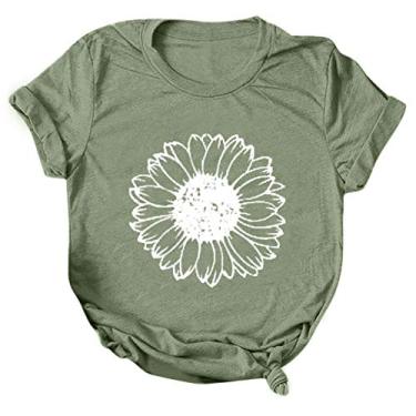 Imagem de Duobla Camisetas femininas de verão 2024 com estampa de girassol, casual, de manga curta, com estampa de flores, roupas modernas, A-1 verde claro, M