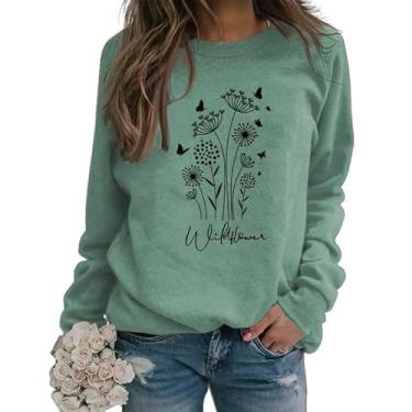 Imagem de OEFJIH Moletom feminino de flores silvestres engraçado, estampa floral, pulôver, casual, moderno, vintage, camiseta, Verde, XXG