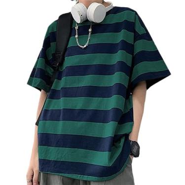 Imagem de LAVASEON Harajuku Camiseta listrada grande manga longa gola redonda casual combinando casal streetwear pulôver, P - verde-marinho, XXG
