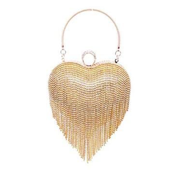 Imagem de Bolsa feminina de luxo em formato de coração com borla para noite e strass da Umren, bolsa de mão para festa de casamento, Dourado, One Size