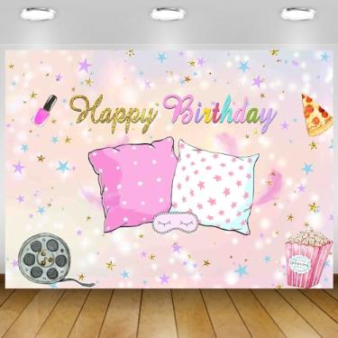 Imagem de Pano de fundo para festa do pijama rosa travesseiro luta maquiagem feliz aniversário fotografia fundo meninas dormir festa de aniversário pano de fundo decoração banner suprimentos 1,5 x 3 m