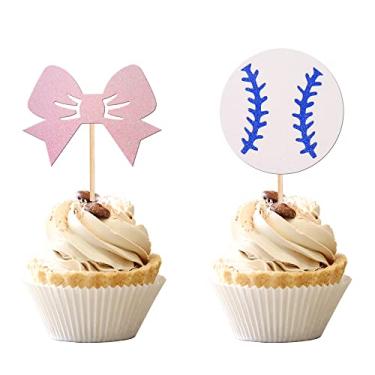 Imagem de 24 Pçs de Bolas de Beisebol ou Arcos Toppers Glitter Gênero Revelação Palhetas de Cupcake para Menino ou Menina Tema Chá de Bebê Meninos Meninas Festa de Aniversário Decorações de Bolo Suprimentos