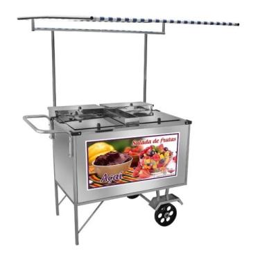 Imagem de Carrinho de Salada de Frutas Açaí Inox Toldo e Rodas Maciças Cefaz
