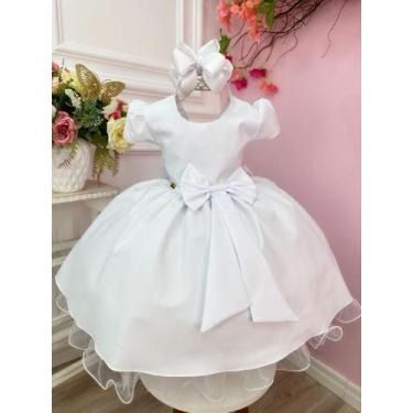 Imagem de Vestido Infantil Branco Liso Aplique Laço Damas Formaturas luxo festa 