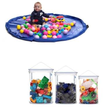 Imagem de Kit Saco Organizador de Brinquedos + 3 Organizadores Blocos Azul - Mom