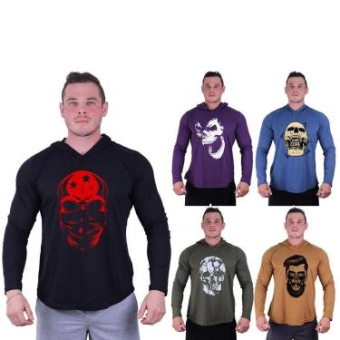 Imagem de Kit 5 Camisetas Manga Longa com Touca Longline Estampada Treino Academia Lazer Casual-Masculino