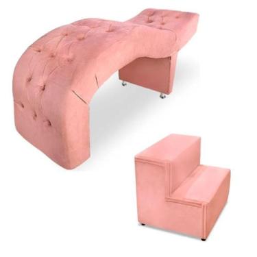 Imagem de Maca para Estética Luxo Veludo Rosa Capitone Estofados com Escadinha B