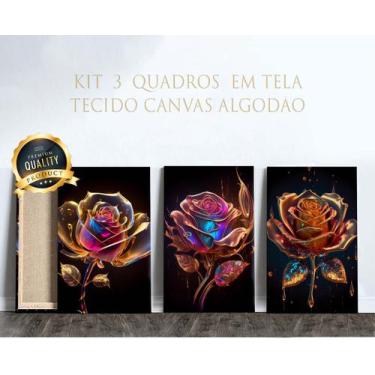 Imagem de 3 Quadros em Tecido Canvas Rosas de Cristal Dourado Gold - LindaCasaPr