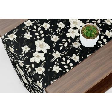 Imagem de Caminho De Mesa Trilho Preto Flores Brancas - Core Decore