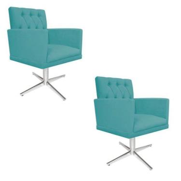 Imagem de kit 02 Poltronas Nanda Base Giratória de Metal Suede Azul Turquesa - D