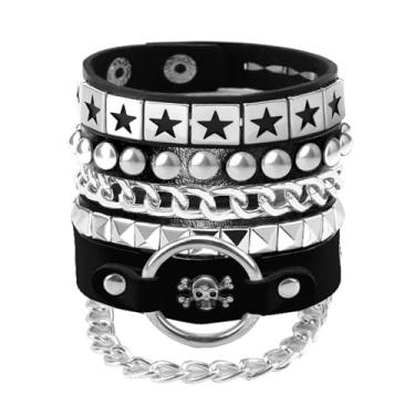 Imagem de 3 peças de pulseiras de couro macio com coração/pirâmide/corrente, pulseiras de pulso Emo Y2K, acessórios de joias, presente gótico para mulheres vintage (preto + estilo caveira), One Size, Couro