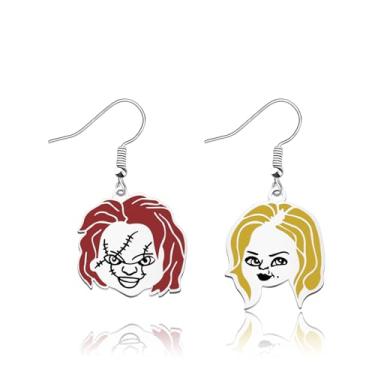 Imagem de WSNANG Presente inspirado no filme de terror Chucky, brincos com pingente Chucky e Tiffany, presentes para fãs de Chucky, joias para amantes de filmes de terror, 1.2inch*0.9inch, Metal, Sem pedra