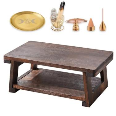 Imagem de Mesa de altar para espiritual, mesas de meditação dobráveis para jantar e puja, mesa de centro baixa japonesa para sentar no chão (60 x 30 x 19,8 cm, com queimador de incenso, conjunto de 5 peças)