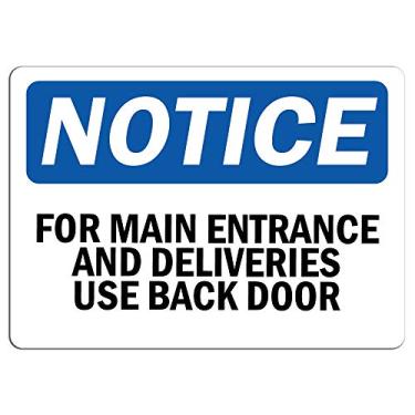 Imagem de Aviso - Para entrada principal e entregas, use placa de porta traseira | Adesivo de adesivo de etiqueta para loja de varejo adere a qualquer superfície de 20 cm