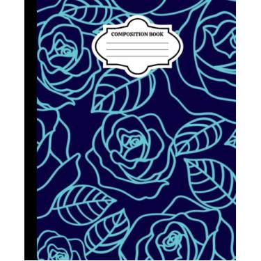 Imagem de Composition Book: Teal Roses Outline on Navy Background Notebook 200 Pages
