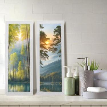Imagem de Kit 2 Quadros Decorativos Lavabo Paisagem Lago Pôr do Sol Árvore Natur