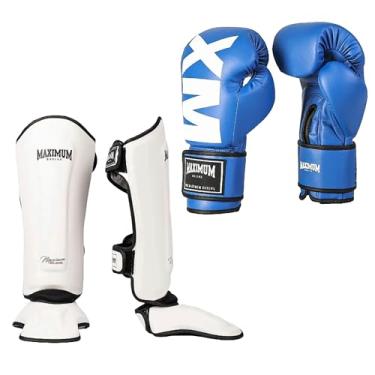 Imagem de Kit Luva de Boxe Maximum Azul + Caneleira Muay Thai Kickboxing Maximum Classic Branco (LUVA 12OZ + CANELEIRA PLUVA 12OZ + CANELEIRA G)