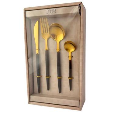 Imagem de Faqueiro 24 Peças Aço Inox Dourado Cabo Madeira Organic Lyor