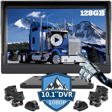 Imagem de 128 GB DVR Dash cam Audio 10,1" 1080P Monitor de câmera de backup e gravador embutido para trailers caminhão traseiro lado frontal invertido sistema com fio 4 tela grande dividida à prova d'água evitar ponto cego