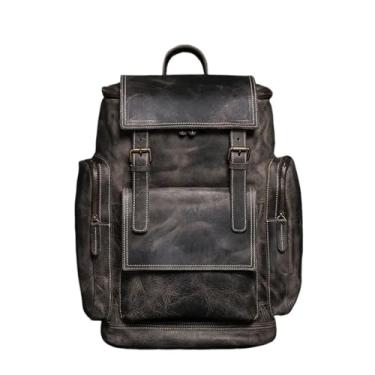 Imagem de Mochila masculina de couro genuíno, mochila retro, bolsa de acampamento, mochila para homens, bolsa de caminhada(Black)