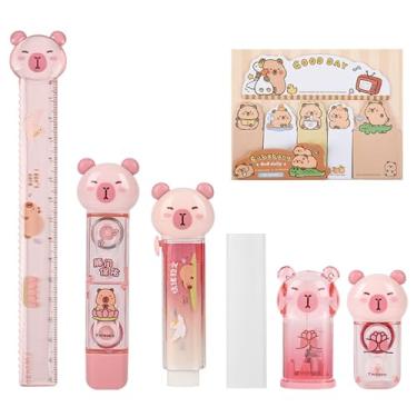 Imagem de MOZXIRZ Conjunto de artigos de papelaria fofos de capivara, material escolar de desenho kawaii, material de escritório, incluindo borracha, apontador de lápis, régua, fita corretiva, blocos de notas e