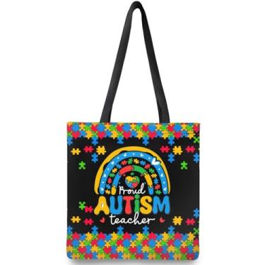 Imagem de ZHIFU Presentes de conscientização do autismo para professores de autismo, bolsa de mão reutilizável, sacolas de compras, presentes para professores, Proud Autism Awareness Teacher Gifts, One Size