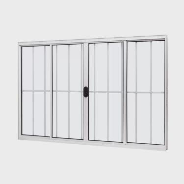 Imagem de Janela de Alumínio de Correr Central 100x120cm 4 Folhas com Grade e Vidro Liso Slim Modular
