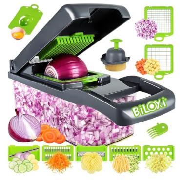 Imagem de Cortador de legumes, cortador de cebola, fatiador de bandolim, Pro 10 em 1 profissional cortador e cortador de vegetais multifuncional, máquina de cortar, recipiente ajustável para cortador de