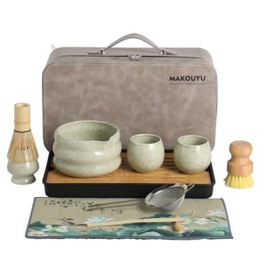 Imagem de MAKOUYU Conjunto de 12 batedores Matcha, 425 g, conjunto de matcha japonês, com 2 xícaras e 1 bolsa de armazenamento de couro, kit completo de viagem Matcha, kit Matcha perfeito para cerimônia de chá