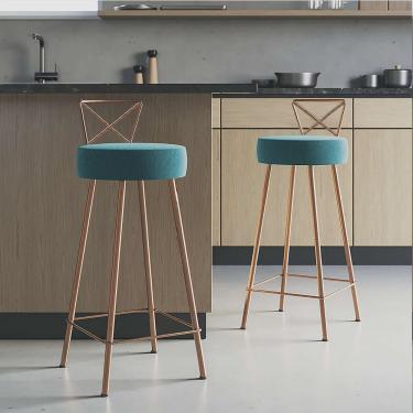 Imagem de Kit 02 Banqueta Alta Com Encosto Tânia Eiffel Cozinha Bar Bistrô Ferro Bronze Suede Azul Turquesa - Ahazzo Móveis