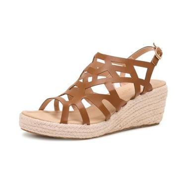 Imagem de Alexis Leroy Sandálias femininas de alpargatas com tiras cruzadas e salto plataforma, gáspea, peep toe, Camelo, 7-7.5