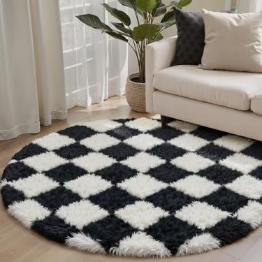 Imagem de PureCozy Tapete xadrez 10 x 10 cm para sala de estar, preto e branco moderno felpudo super macio lavável tapete felpudo para quarto, casa, dormitório, decoração estética