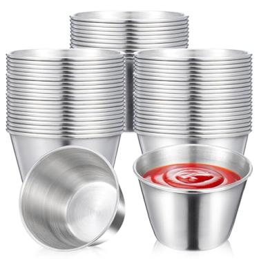 Imagem de YUXIANLB Pacote com 50 copos de molho de aço inoxidável, 70,9 g, ramequins de metal reutilizáveis pequenos, tigelas redondas para condimentos de manteiga, recipientes para molhos, copos de porção