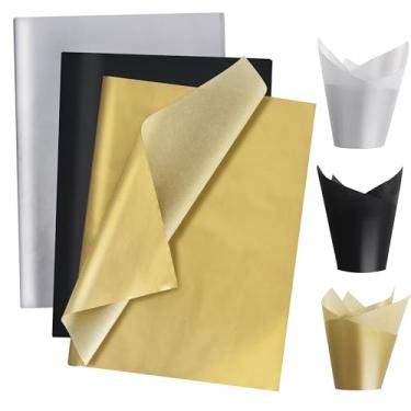 Imagem de BEISHIDA 90 folhas de papel de seda preto dourado prata a granel, papel metálico para embrulho de formatura para sacos de presente, 35,5 x 50,8 cm para formatura, aniversário, casamento, artesanato