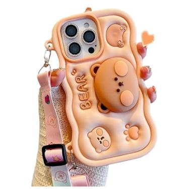 Imagem de oleaumfilter Capa de silicone para iPhone 15 3D fofo ursinho de biscoito com suporte de urso 3D e alça de ombro Kawaii, capa macia engraçada à prova de choque TPU para iPhone 15 de 6,1 polegadas