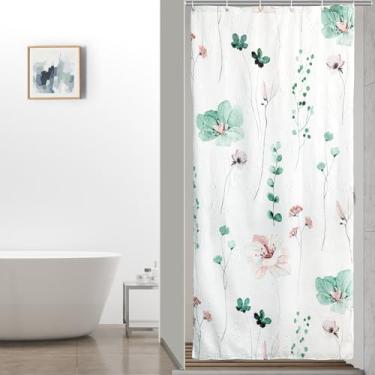 Imagem de QiyI Cortina de chuveiro pequena 91 x 182 cm, cortina de banho floral estreita meia aquarela, cortina de banheiro de pano de flor verde sálvia em relevo 3D, conjunto de cortina de chuveiro branca de